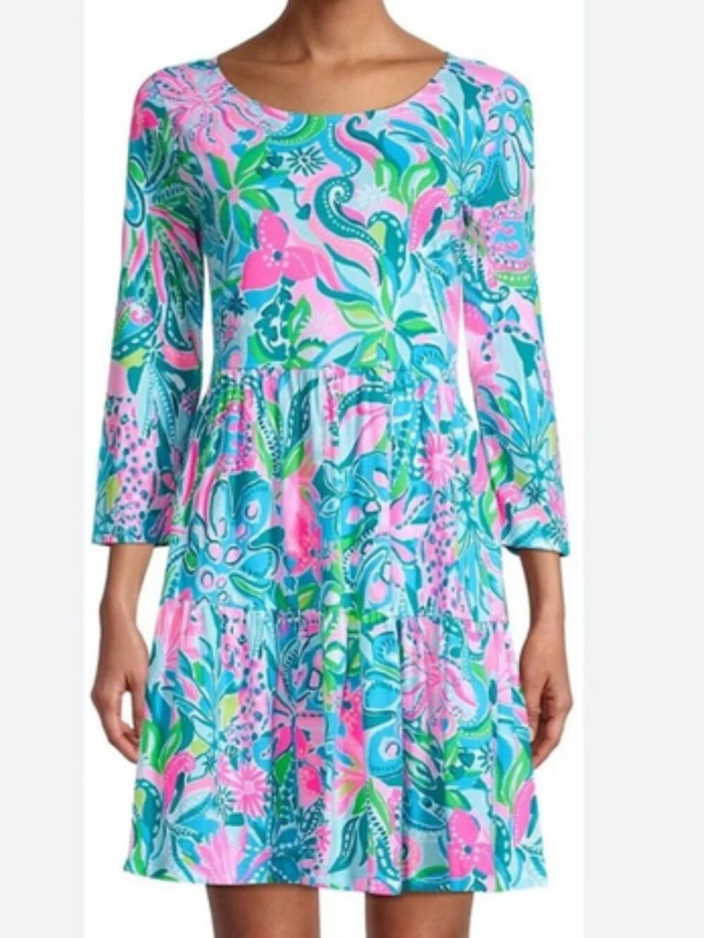 Lilly Pulitzer Size S Geanna Tiered Swing Dress Turquoise Oasis Golden Hour